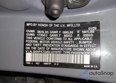 2020 Honda Civic Sport из США, поврежденный, VIN SHHFK7G45LU215707